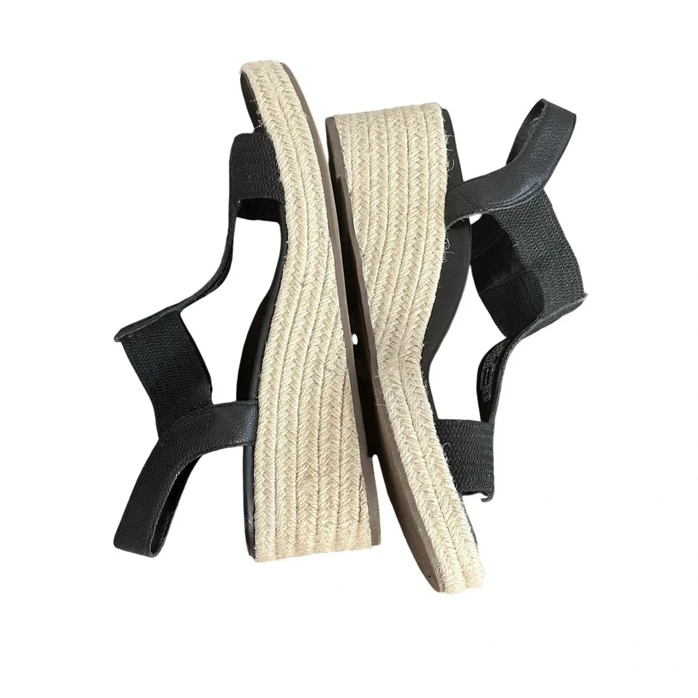 Vionic Calera Black Espadrille Wedge Sandals Womens 10 T-Strap Platform Orthotic